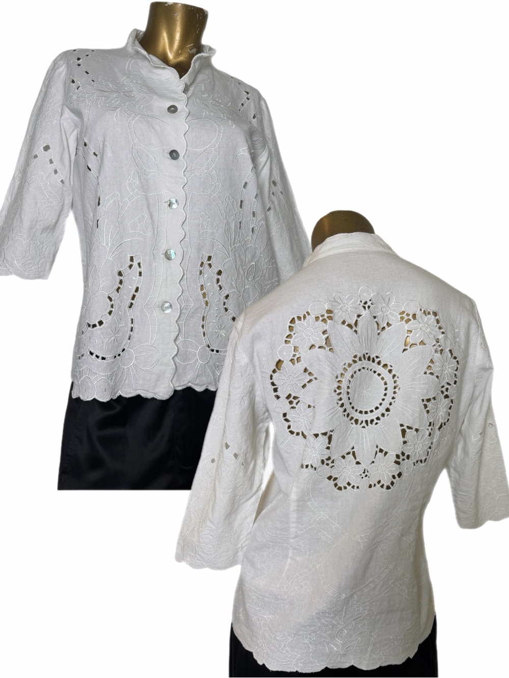 Vintage White Embroidered Floral Cutwork White Linen Scalloped hem Jacket Top